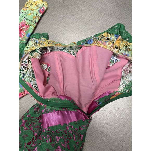 Handmade macramé floral bright green satin lace midi dress S whimsical fairy - Picture 5 of 13